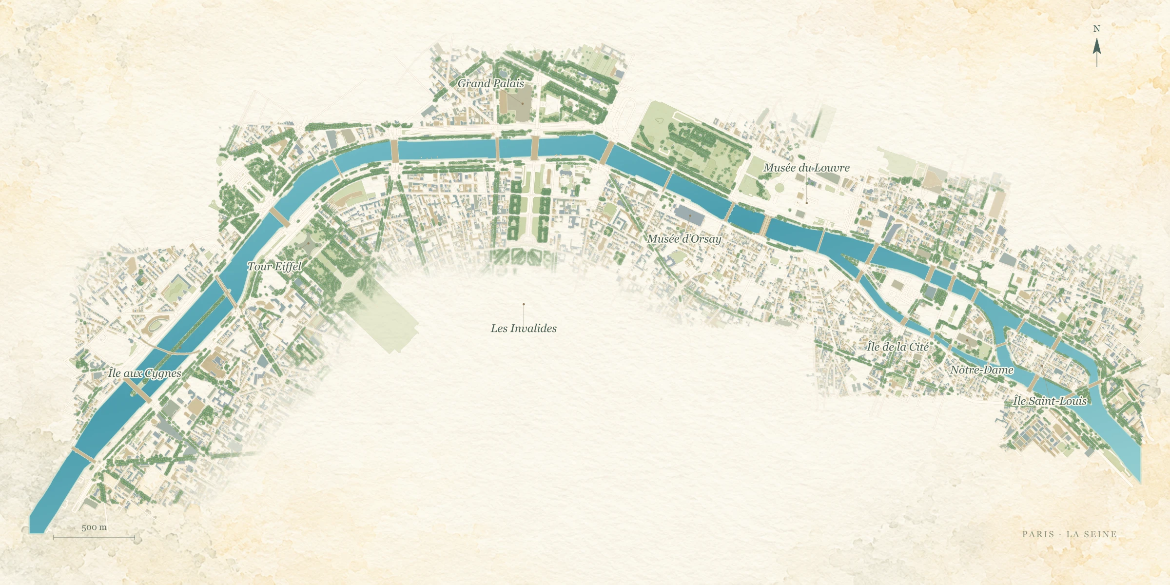 Watercolor map of the real Seine river course, its three central Paris islands and six geographically anchored bridge markers.