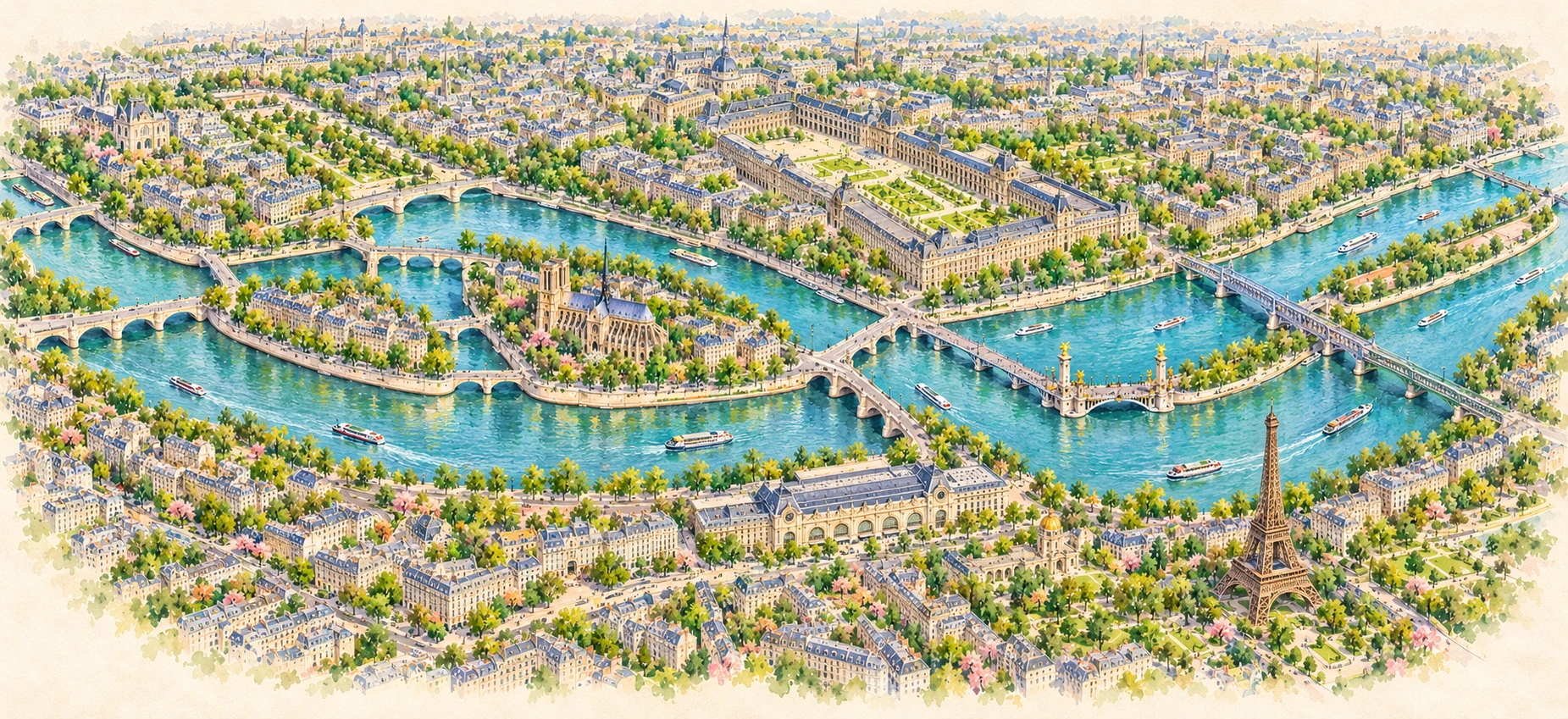 Watercolor map of the real Seine river course, its three central Paris islands and six geographically anchored bridge markers.